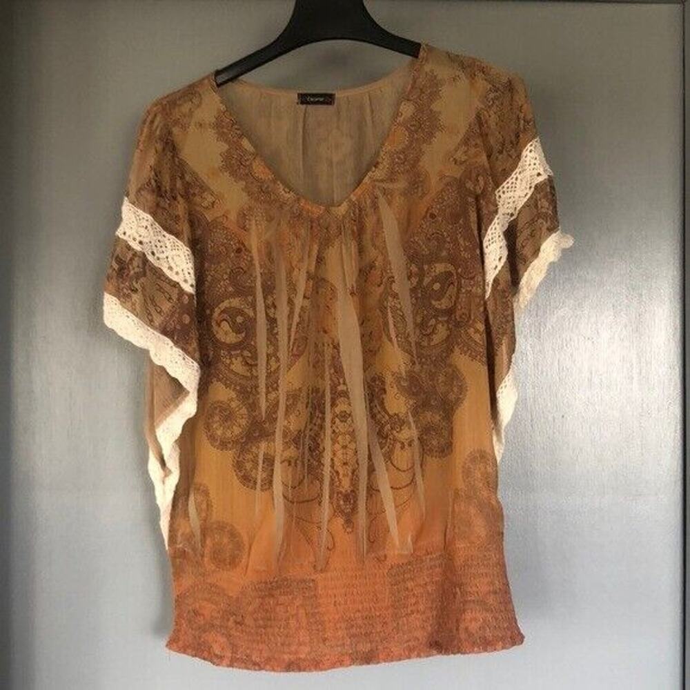 Cocomo Womens Gold Paisley Sheer Crocheted Lace Gathered Waist XL READ